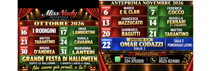 Calendario eventi Discoteca Miss Nady